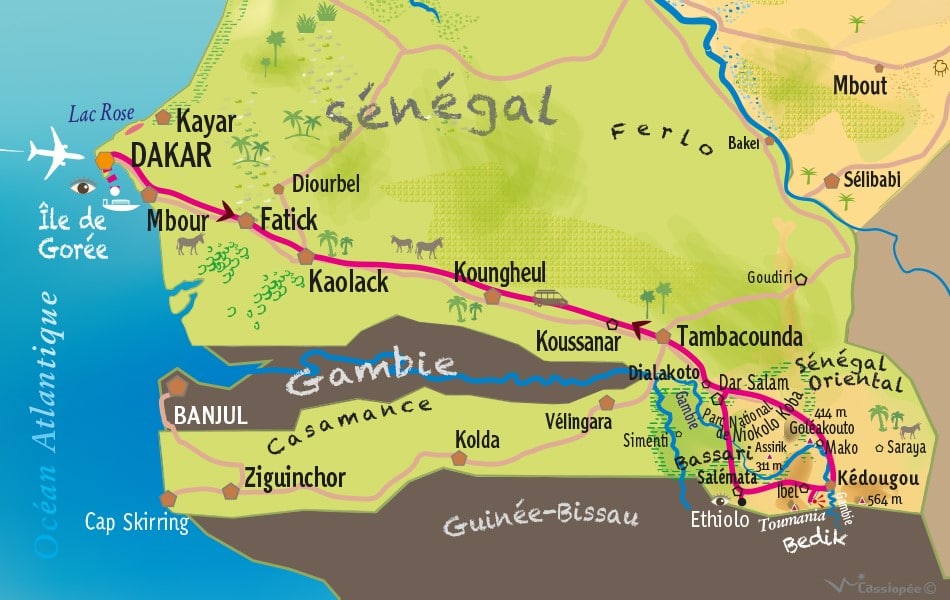 Carte circuit pays Bassâri et parc du Niokolo Koba au Sénégal