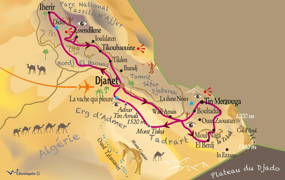 Carte circuit Du plateau de Dider à la Tadrart en 4×4 - 16 jours en 4x4