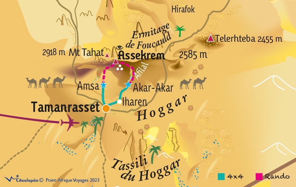 Carte circuit Assekrem, les montagnes de l'Atakor au départ de Tamanrasset - 9 jours en rando chamelière