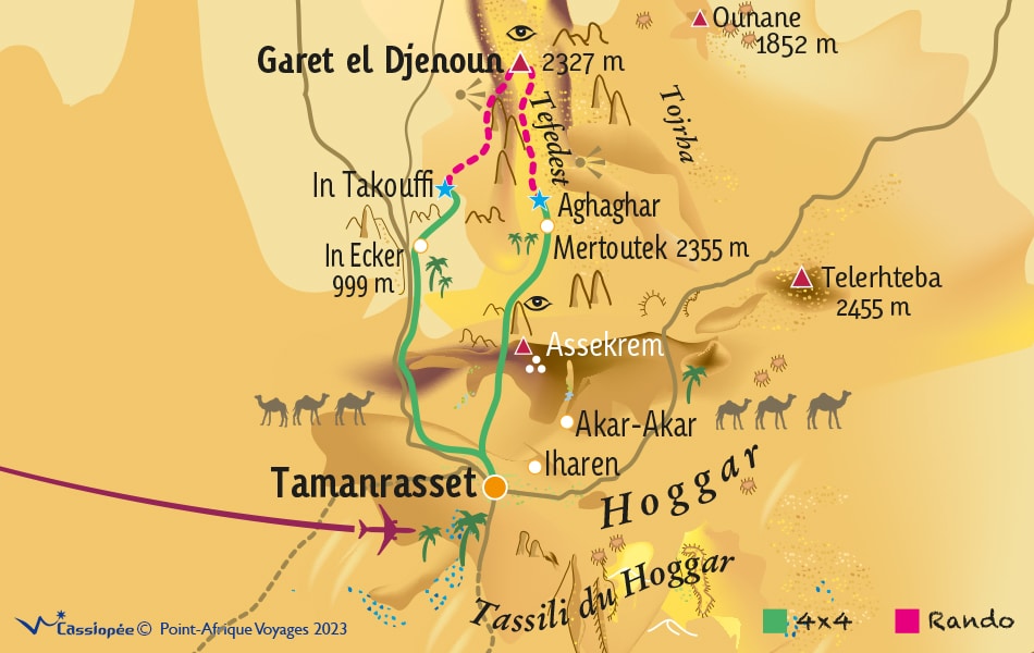 Carte circuit Tefedest et Garet El Djenoun en rando au départ de Tamanrasset - 9 jours en rando chamelière
