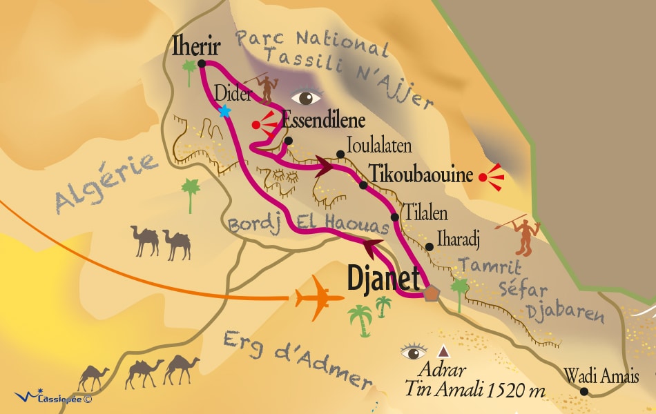 Carte circuit Dider et Essendilène en 4x4 au départ de Djanet - 9 jours en 4x4