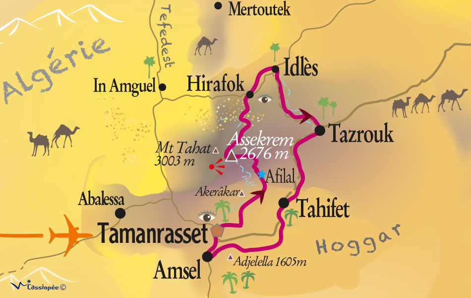 Carte circuit Hoggar et Assekrem en 4x4 au départ de Tamanrasset - 9 jours en 4x4 | Point-Afrique Voyages
