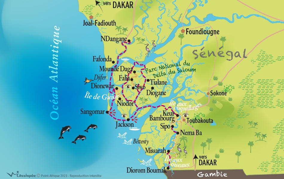 Carte circuit Rando-pirogue Delta du Saloum - 8 jours en randonnée sur les bolongs | Point-Afrique Voyages