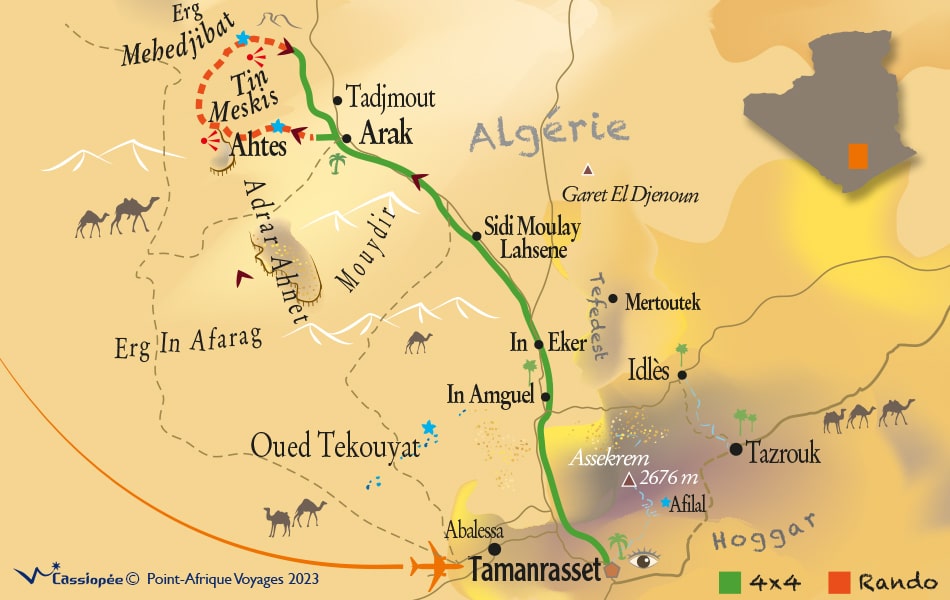 Carte circuit Tassili Tin Meskis et erg Méhédjibat en rando au départ de Tamanrasset - 9 jours à pied | Point-Afrique Voyages