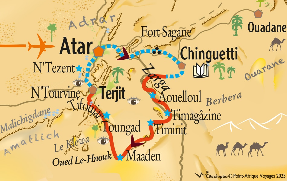 Carte itinéraire rando chameliere de Chinguetti à la Vallée blanche -Point-Afrique Voyages (Mauritanie)