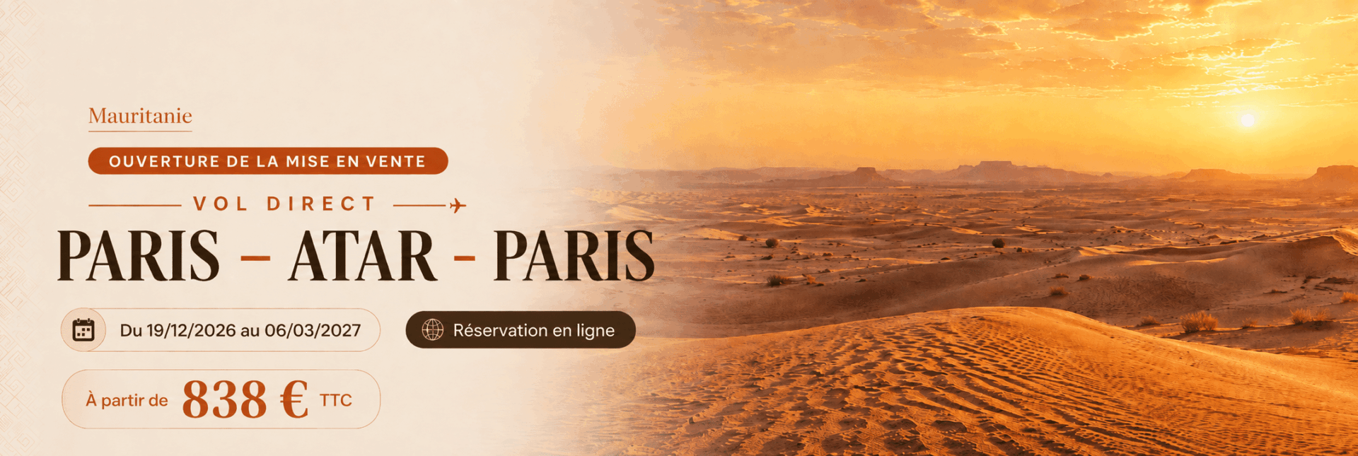 Vols Paris Atar 2026/2027 Ouverture des vols Paris vers Atar saison 2026/27. Réservation en ligne | Point-Afrique